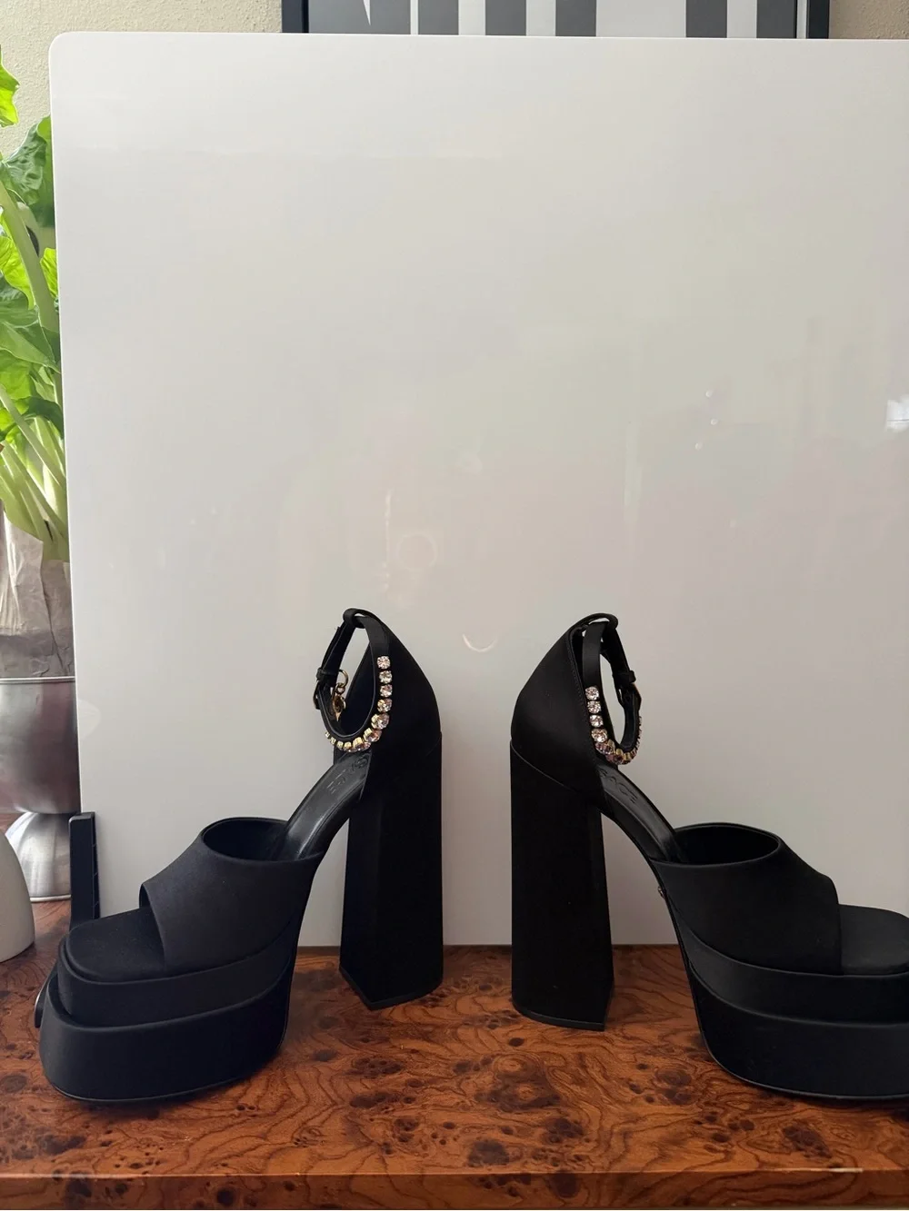 Versace Black Platform Block-Heel Sandals with Gold Chain Ankle Strap